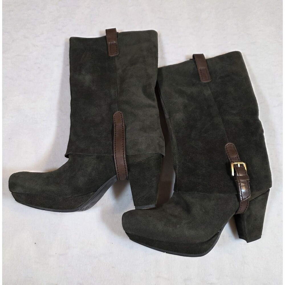 Earthies Lintz Green Leather Mid-Calf Boots Buckle Pointed Toe Block Heel 9B